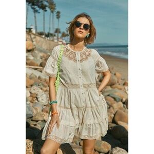 Hunter Bell Dress Newton Lace Pintucked Buttoned Tiered Mini Cream M NWT